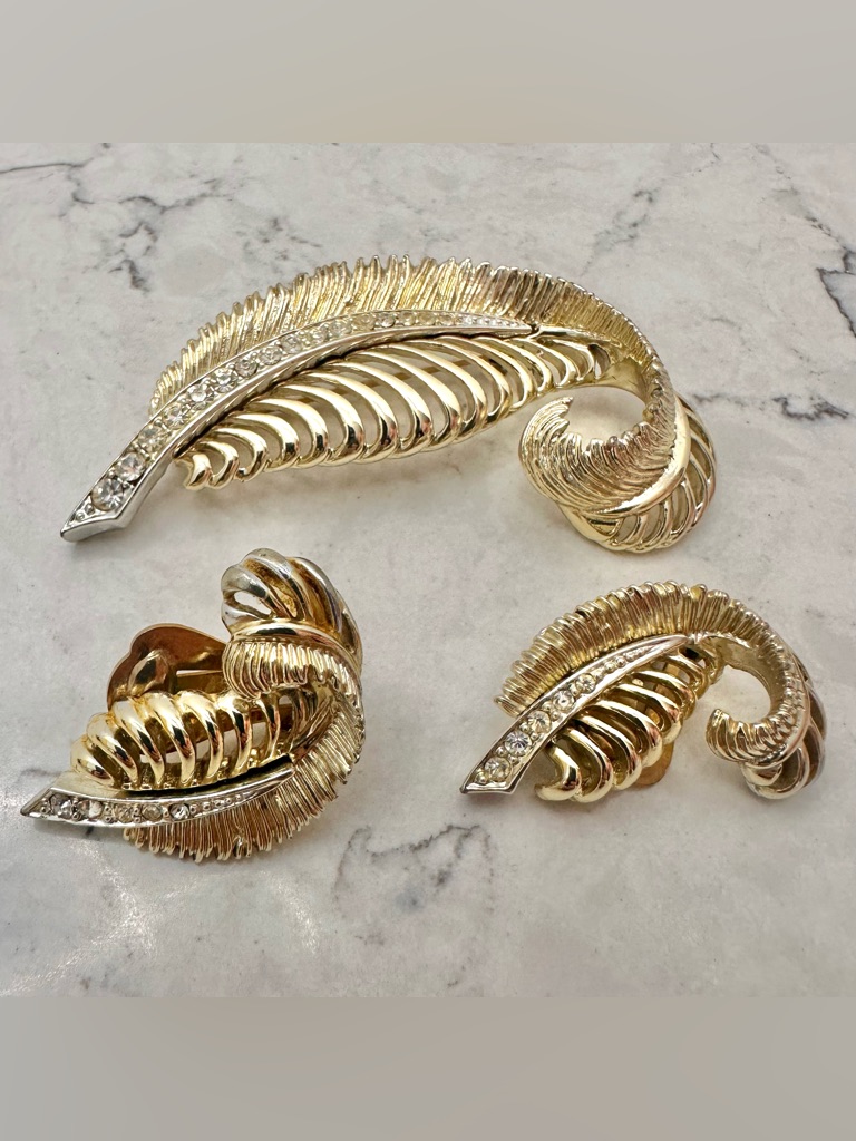 Vintage Marcel Boucher Gold Toned Feather Brooch Earrings Signed Marboux 835 Gem 55$